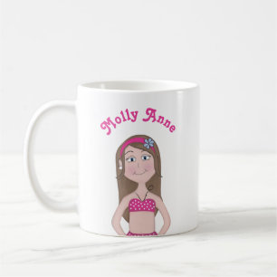 Roze bikini, lichte huid met bruin haar en blauwe  koffiemok