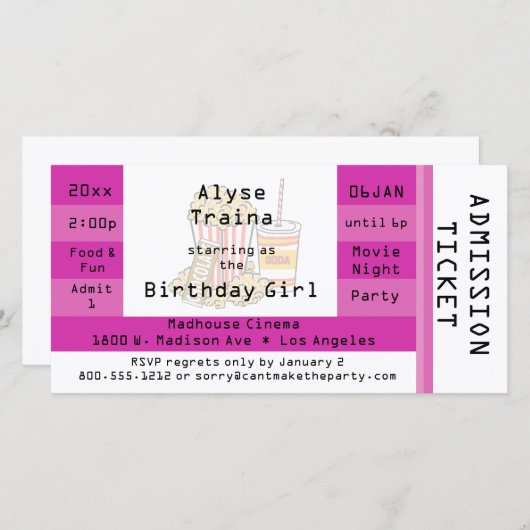 Roze bioscoopavond - toegangskaartje voor feest ui (Voorkant / Achterkant)