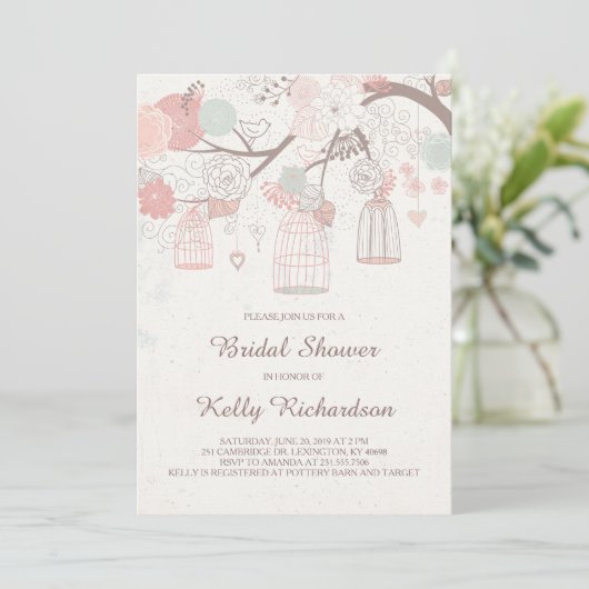 Roze Birdcage Bruids Douche Uitnodiging (Staand voorkant)