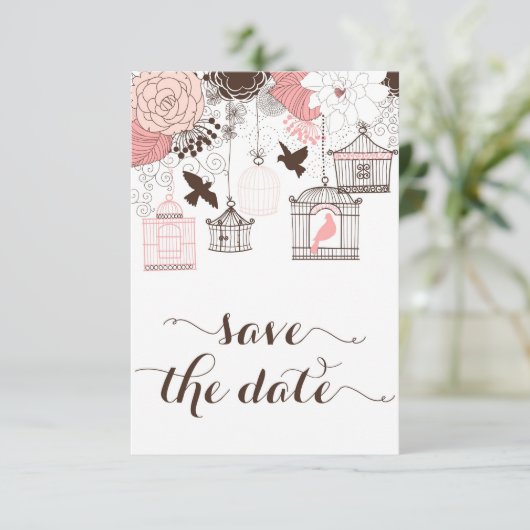 Roze Birdcages Floral sla de datum op Save The Date (Staand voorkant)