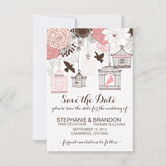 Roze Birdcages Floral sla de datum op Save The Date (Achterkant)
