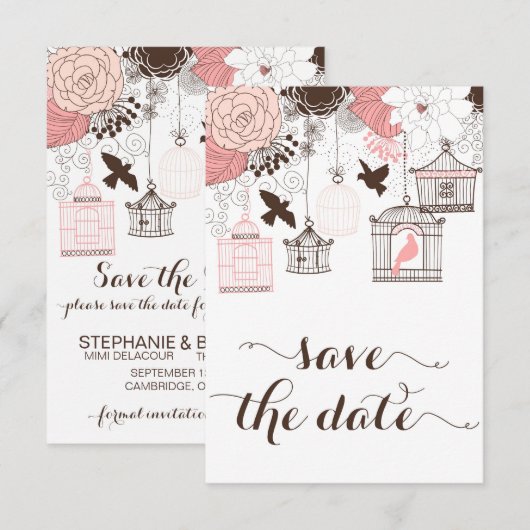 Roze Birdcages Floral sla de datum op Save The Date (Voorkant / Achterkant)