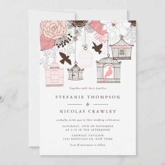 Roze  Birdcages Floral Wedding Invitation Kaart (Voorkant)