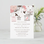 Roze  Birdcages Floral Wedding Invitation Kaart (Staand voorkant)