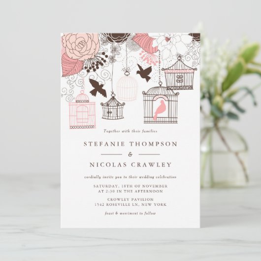 Roze  Birdcages Floral Wedding Invitation Kaart (Staand voorkant)
