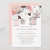 Roze  Birdcages Floral Wedding Invitation Kaart (Voorkant / Achterkant)