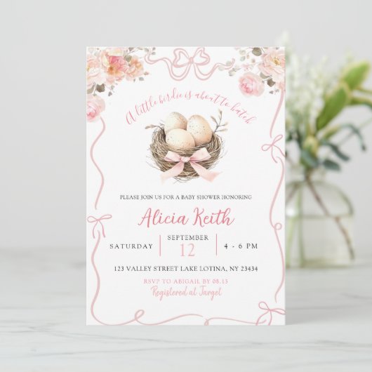 Roze Birdie Baby shower Uitnodiging (Staand voorkant)