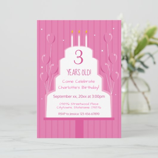 Roze Birthday Cake and Balloons | Uitnodiging (Staand voorkant)