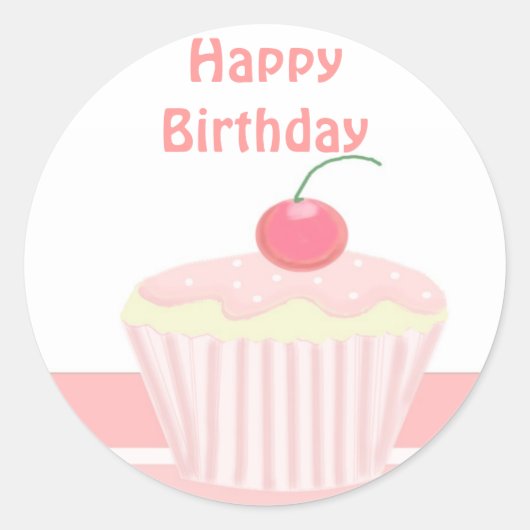 Roze Birthday Cupcake Ronde Sticker (Voorkant)