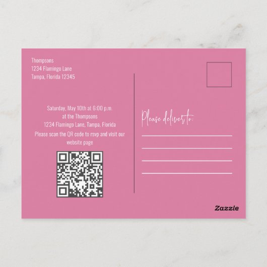 Roze Birthday Cute Flamingo Trendy QR Code Website Briefkaart (Achterkant)