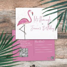 Roze Birthday Cute Flamingo Trendy QR Code Website Briefkaart
