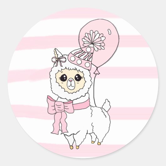 Roze Birthday Llama met ballon Ronde Sticker (Voorkant)