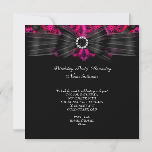 Roze Birthday Party Black Lace Diamond Kaart (Achterkant)