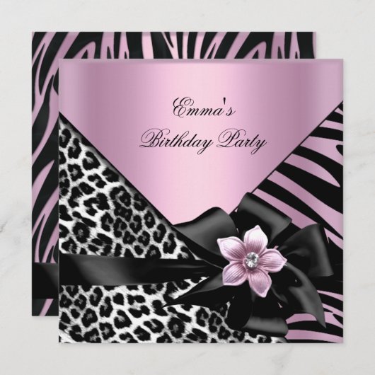 Roze Birthday Party Zebra Leopard Elegant Kaart (Voorkant / Achterkant)