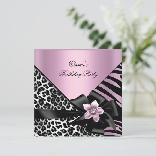 Roze Birthday Party Zebra Leopard Elegant Kaart (Staand voorkant)