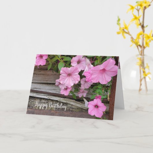 Roze Birthday Petunia op hout Kaart (Gele Bloem)