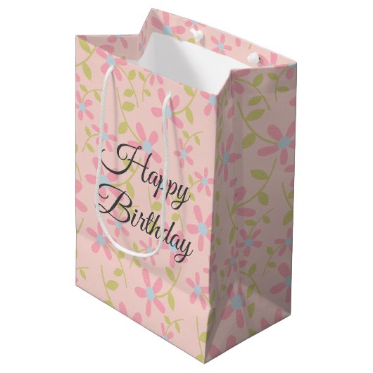 Roze Birthday Posy Patroon Medium Cadeauzakje (Voorkant Gekanteld)