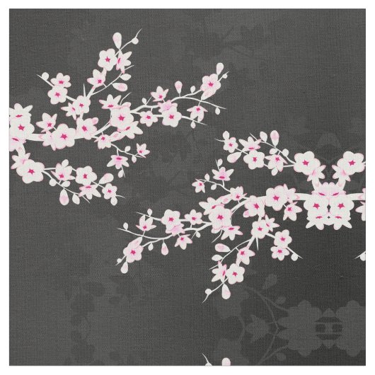 Roze Black Cherry Blossoms Pattern Fabric Stof (Close Up)
