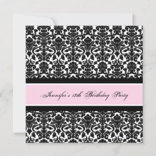 Roze Black Damask 18e Birthday Party-uitnodigingen Kaart