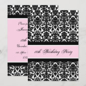 Roze Black Damask 18e Birthday Party-uitnodigingen Kaart (Voorkant / Achterkant)