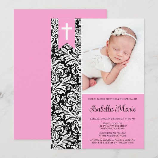 Roze Black Damask banner Cross Photo Baptisme Kaart (Voorkant / Achterkant)