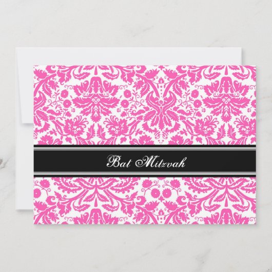 Roze Black Damask Bat Mitzvah Invitations Kaart (Voorkant)