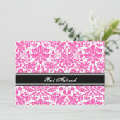 Roze Black Damask Bat Mitzvah Invitations Kaart (Staand voorkant)