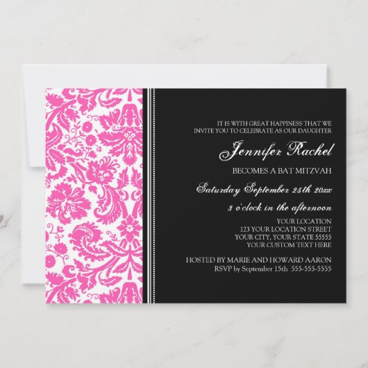 Roze Black Damask Bat Mitzvah Invitations Kaart (Achterkant)