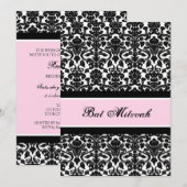 Roze Black Damask Bat Mitzvah Invitations Kaart (Voorkant / Achterkant)