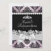 Roze Black Damask Bow Quinceanera Invite Kaart (Voorkant)