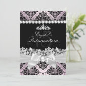 Roze Black Damask Bow Quinceanera Invite Kaart (Staand voorkant)