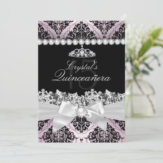 Roze Black Damask Bow Quinceanera Invite Kaart (Staand voorkant)