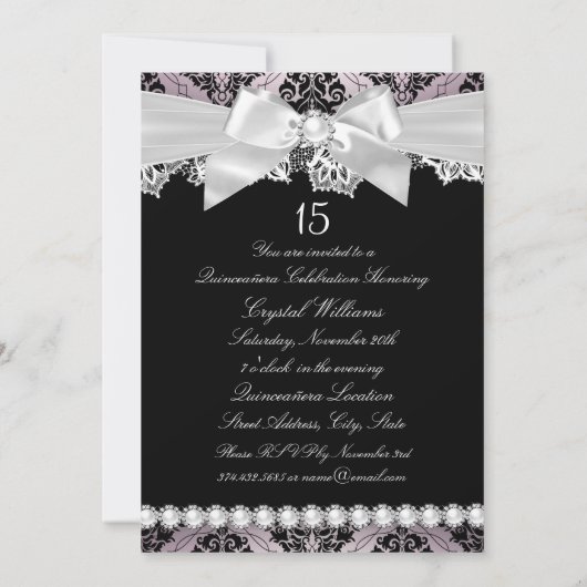 Roze Black Damask Bow Quinceanera Invite Kaart (Achterkant)