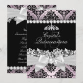 Roze Black Damask Bow Quinceanera Invite Kaart (Voorkant / Achterkant)