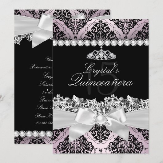 Roze Black Damask Bow Quinceanera Invite Kaart (Voorkant / Achterkant)