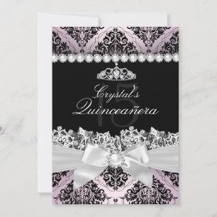Roze Black Damask Bow Quinceanera Invite Kaart