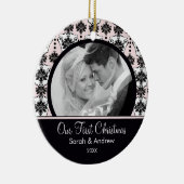 Roze & Black Damask Foto Eerste kerstversiering Keramisch Ornament (Rechts)