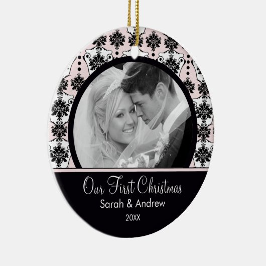 Roze & Black Damask Foto Eerste kerstversiering Keramisch Ornament (Rechts)