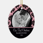 Roze & Black Damask Foto Eerste kerstversiering Keramisch Ornament (Rechts)