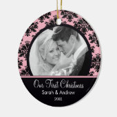 Roze & Black Damask Foto Eerste kerstversiering Keramisch Ornament (Links)