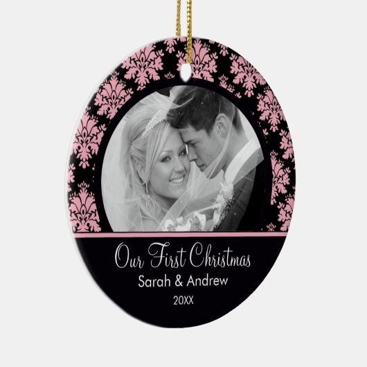Roze & Black Damask Foto Eerste kerstversiering Keramisch Ornament (Rechts)