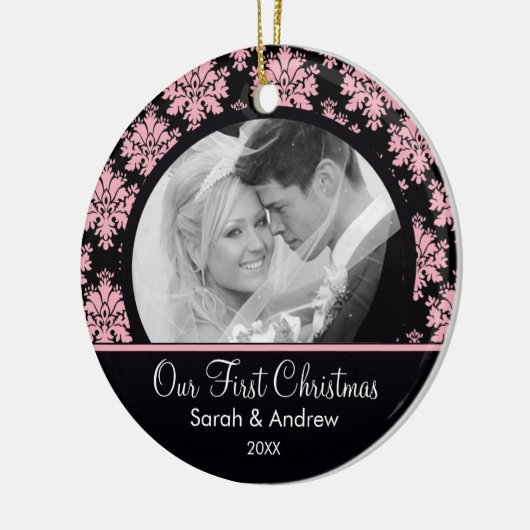 Roze & Black Damask Foto Eerste kerstversiering Keramisch Ornament (Links)