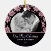 Roze & Black Damask Foto Eerste kerstversiering Keramisch Ornament (Achterkant)