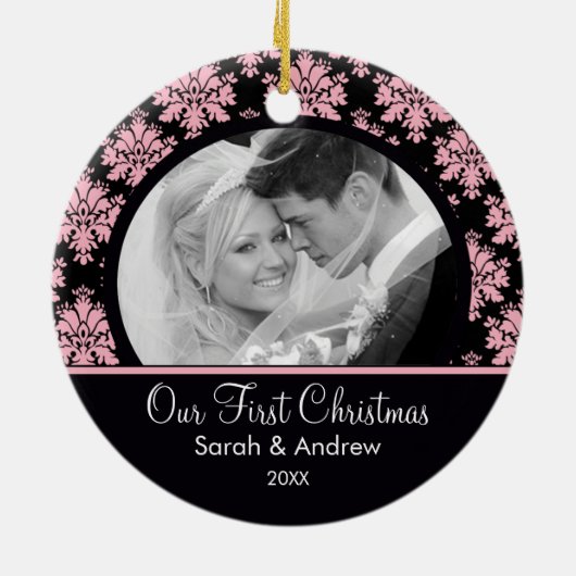 Roze & Black Damask Foto Eerste kerstversiering Keramisch Ornament (Achterkant)