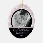 Roze & Black Damask Foto Eerste kerstversiering Keramisch Ornament (Rechts)