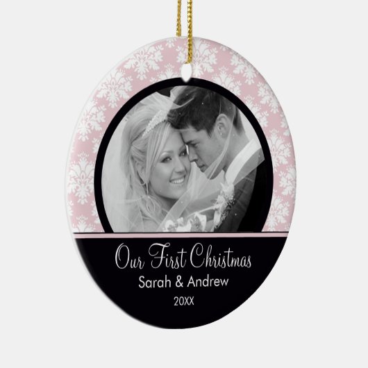 Roze & Black Damask Foto Eerste kerstversiering Keramisch Ornament (Rechts)