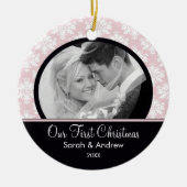 Roze & Black Damask Foto Eerste kerstversiering Keramisch Ornament (Voorkant)