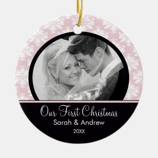 Roze & Black Damask Foto Eerste kerstversiering Keramisch Ornament (Voorkant)