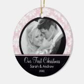Roze & Black Damask Foto Eerste kerstversiering Keramisch Ornament (Links)
