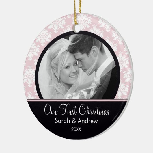 Roze & Black Damask Foto Eerste kerstversiering Keramisch Ornament (Links)